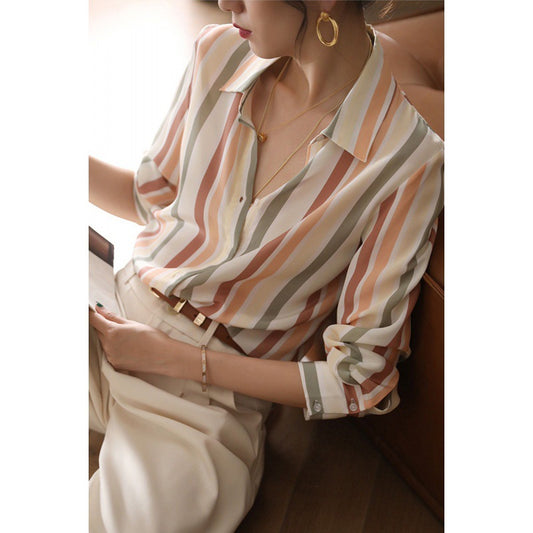 Carefully selected satin striped shirt tops for women long-sleeved autumn design niche retro satin shirts for women to look slim