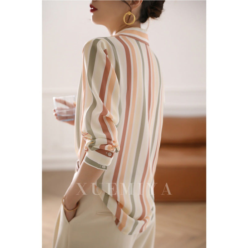 Carefully selected satin striped shirt tops for women long-sleeved autumn design niche retro satin shirts for women to look slim