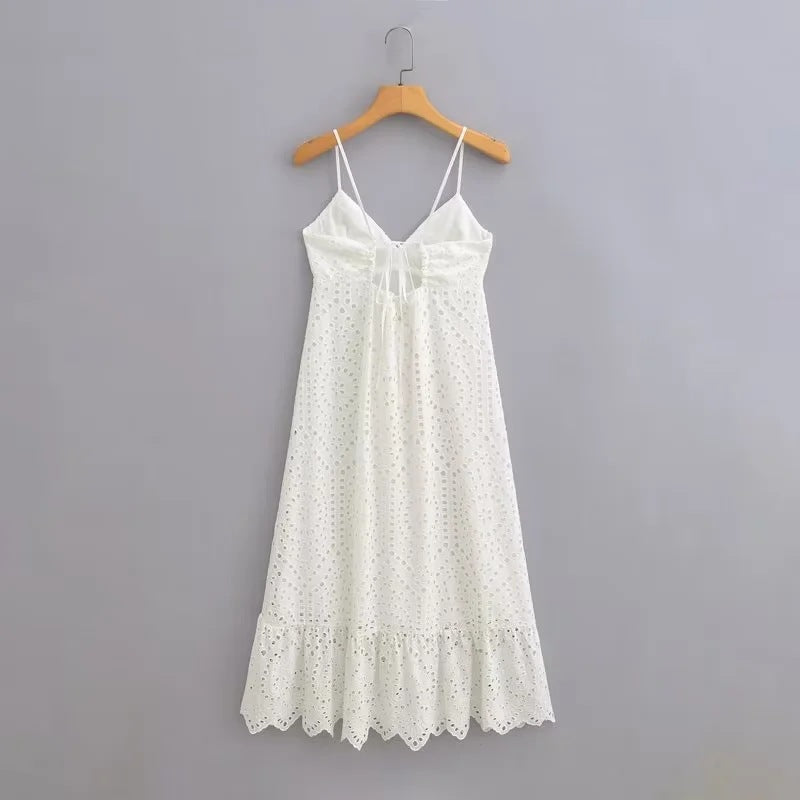 European and American Women's Clothing 2023 Summer New V-neck Lace Hollow Embroidered Strap Dress
