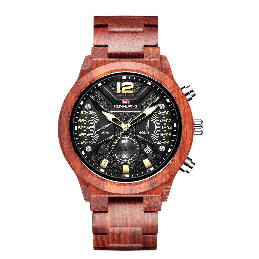 Overseas exclusively for Kunhuang new men's watch multi-function chronograph fashion sports quartz wood watch woodwatch