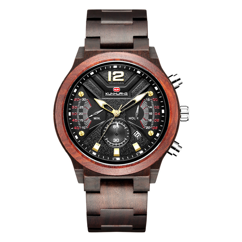 Overseas exclusively for Kunhuang new men's watch multi-function chronograph fashion sports quartz wood watch woodwatch