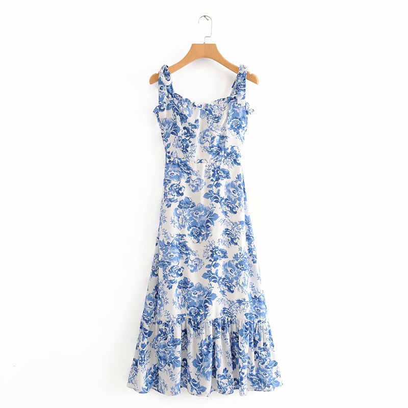 New Blue and White Porcelain Long Suspender Dress Strap Backless Long Dress C7-0462