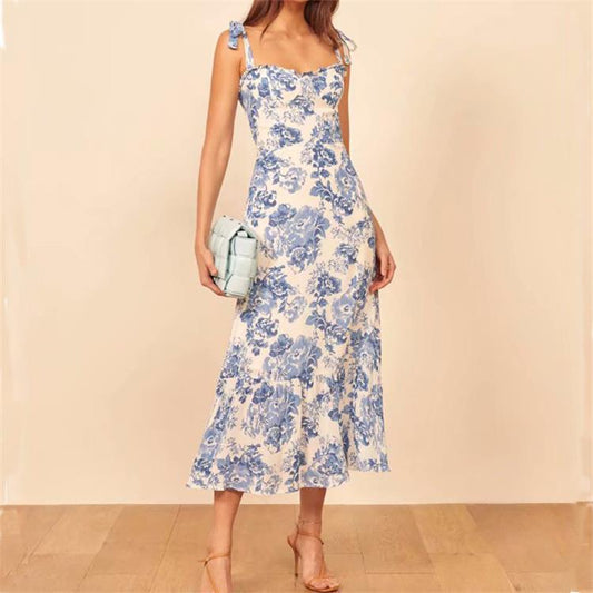 New Blue and White Porcelain Long Suspender Dress Strap Backless Long Dress C7-0462