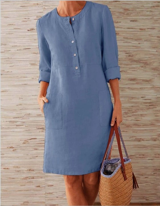 hot style large size women's clothing cotton and linen round neck long-sleeved dress