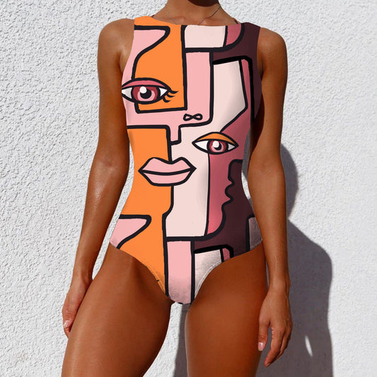 one-piece bikini personality abstract printing independent stand swimsuit female sleeveless