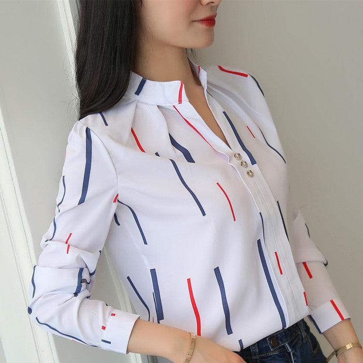 new temperament casual striped long-sleeved shirt loose white stand-up collar top women's pullover