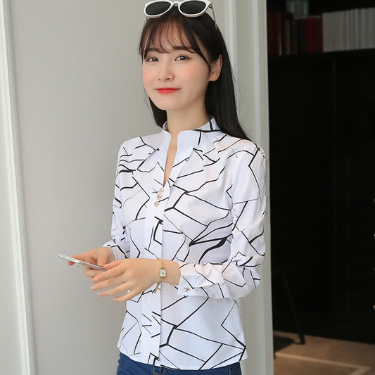 new temperament casual striped long-sleeved shirt loose white stand-up collar top women's pullover