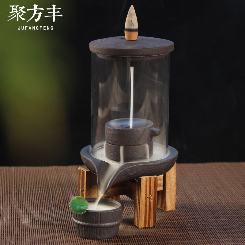 Backflow Incense Burner With Acrylic Protective Cover Ceramic Smoke Waterfall Incense Holder Censer + 10Pcs Free Incense Cones