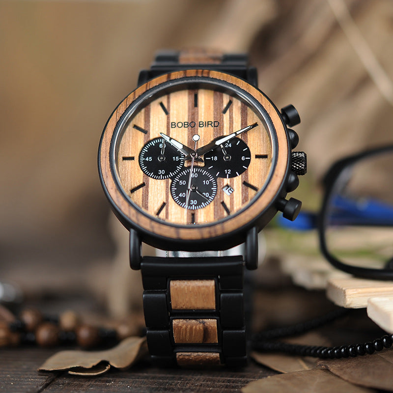 BOBO BIRD genuine inter-wood all-wood watch quartz watch three-eye multi-function waterproof watch men's watch