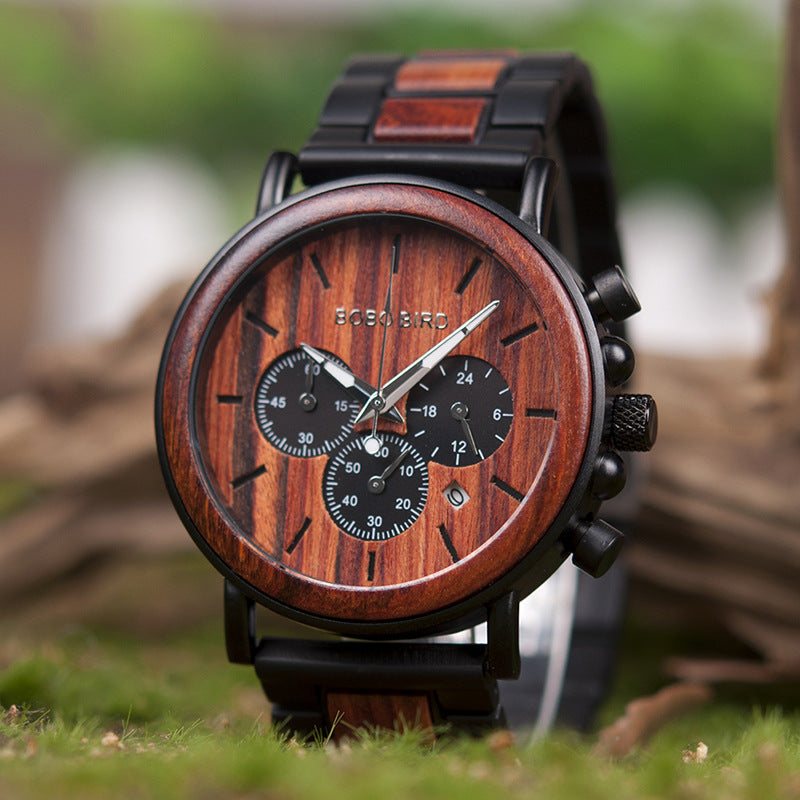 BOBO BIRD genuine inter-wood all-wood watch quartz watch three-eye multi-function waterproof watch men's watch