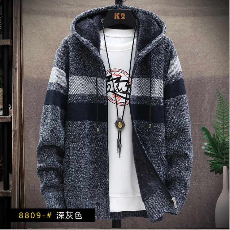 new men's fleece thickened color matching hooded sweater jacket