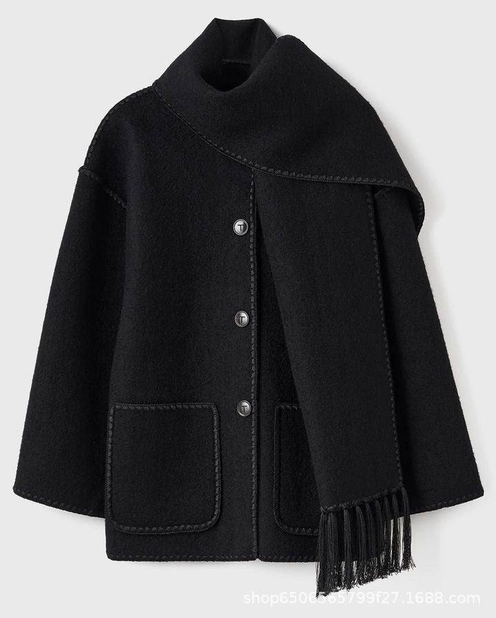 new fashion woolen jacket thickened loose with scarf tassels for women