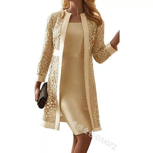 new women's clothing solid color lace cardigan round neck dress two-piece wish