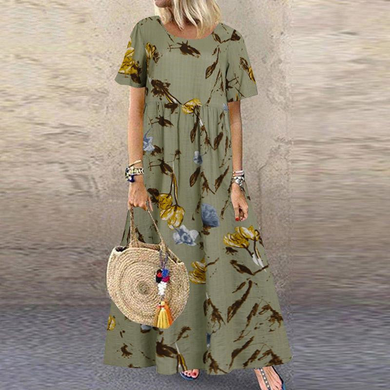 Wish independent station hot style women's retro floral print short-sleeved round neck dress