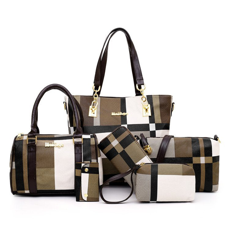 The new plaid six-piece tote bag contrasting color trend one-shoulder handbags cross-border one-piece drop-shipping to the world