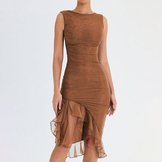 new fashion mesh tight backless irregular pleated dress summer women's wholesale