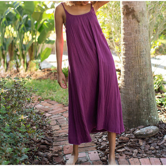 Pure cotton casual suspender dress summer vacation women's long skirt loose solid color backless double gauze sleeveless dress