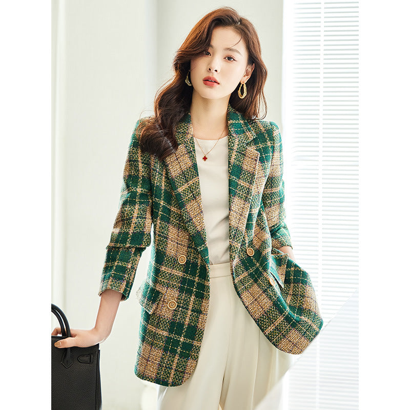 fashion plaid blazer women's spring and autumn new business attire long-sleeved suit mid-length formal wear
