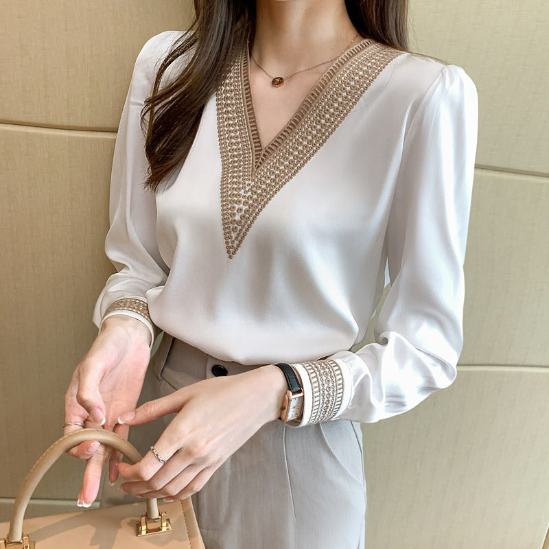 shirt women's long-sleeved 2022 spring new fashion foreign style all-match v-neck satin chiffon top