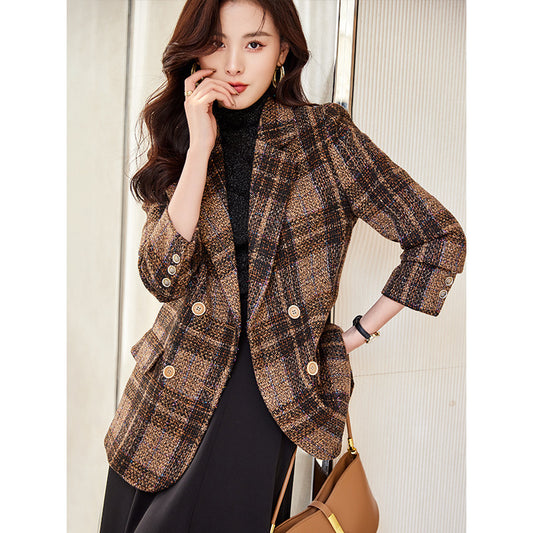 fashion plaid blazer women's spring and autumn new business attire long-sleeved suit mid-length formal wear