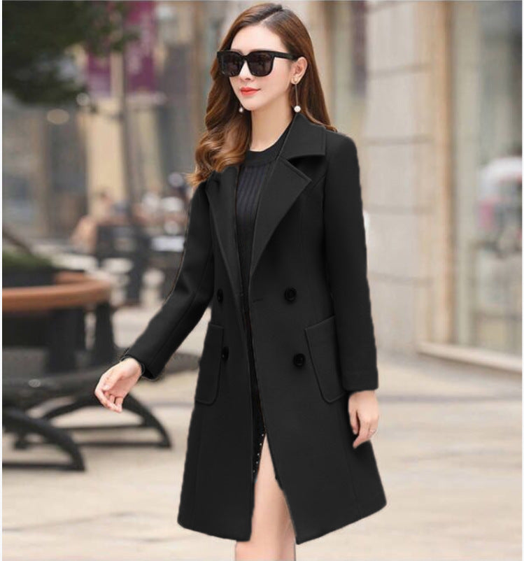 version slim fit, fashionable temperament, mid-length waisted woolen coat, women's woolen coat