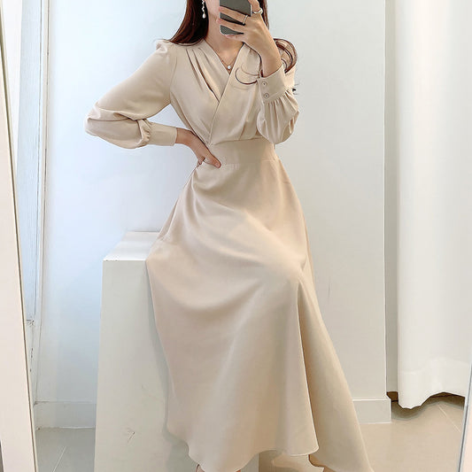 elegant and mature style V-neck cross pleated waist slimming mid-length puff sleeve dress for women