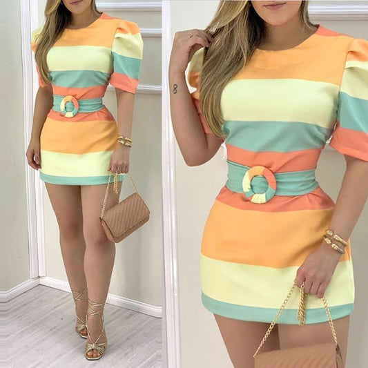 new dress short-sleeved summer fashion slim striped printed dress with belt
