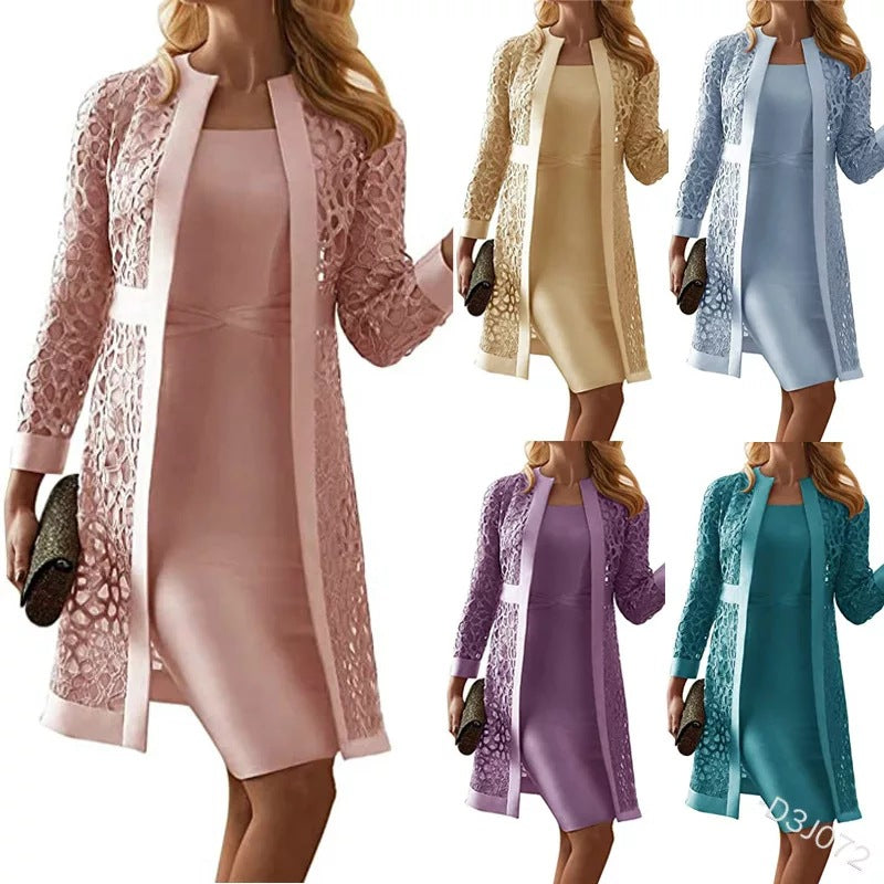 new women's clothing solid color lace cardigan round neck dress two-piece wish