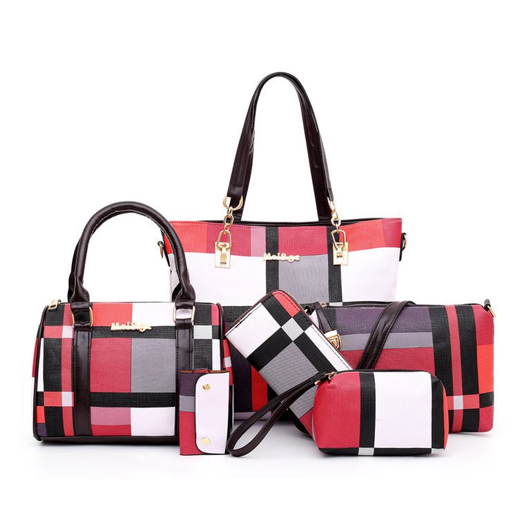 The new plaid six-piece tote bag contrasting color trend one-shoulder handbags cross-border one-piece drop-shipping to the world