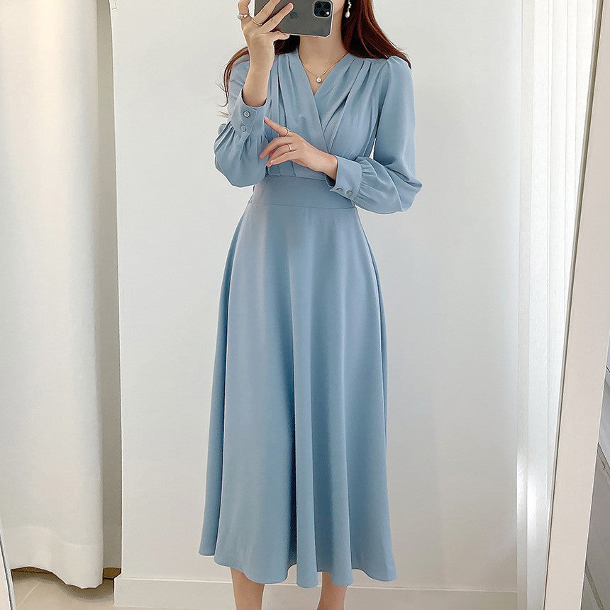elegant and mature style V-neck cross pleated waist slimming mid-length puff sleeve dress for women