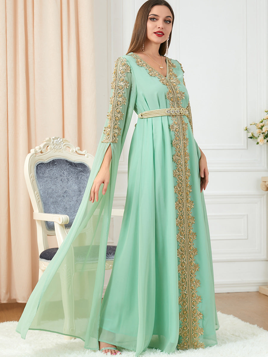Spot Wholesale Middle East Dubai Women's Clothing Spliced Extra Long Sleeve Autumn Women's Abaya Dress Dress