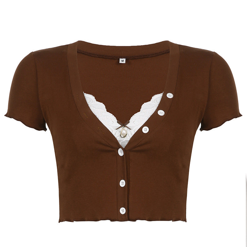 new brown fake two-piece short-sleeved T-shirt with lace buttoned V-neck slim short top