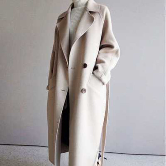 Off-season double-sided cashmere coat women's mid-length autumn and winter beige woolen waitmore coat wool double-sided wool