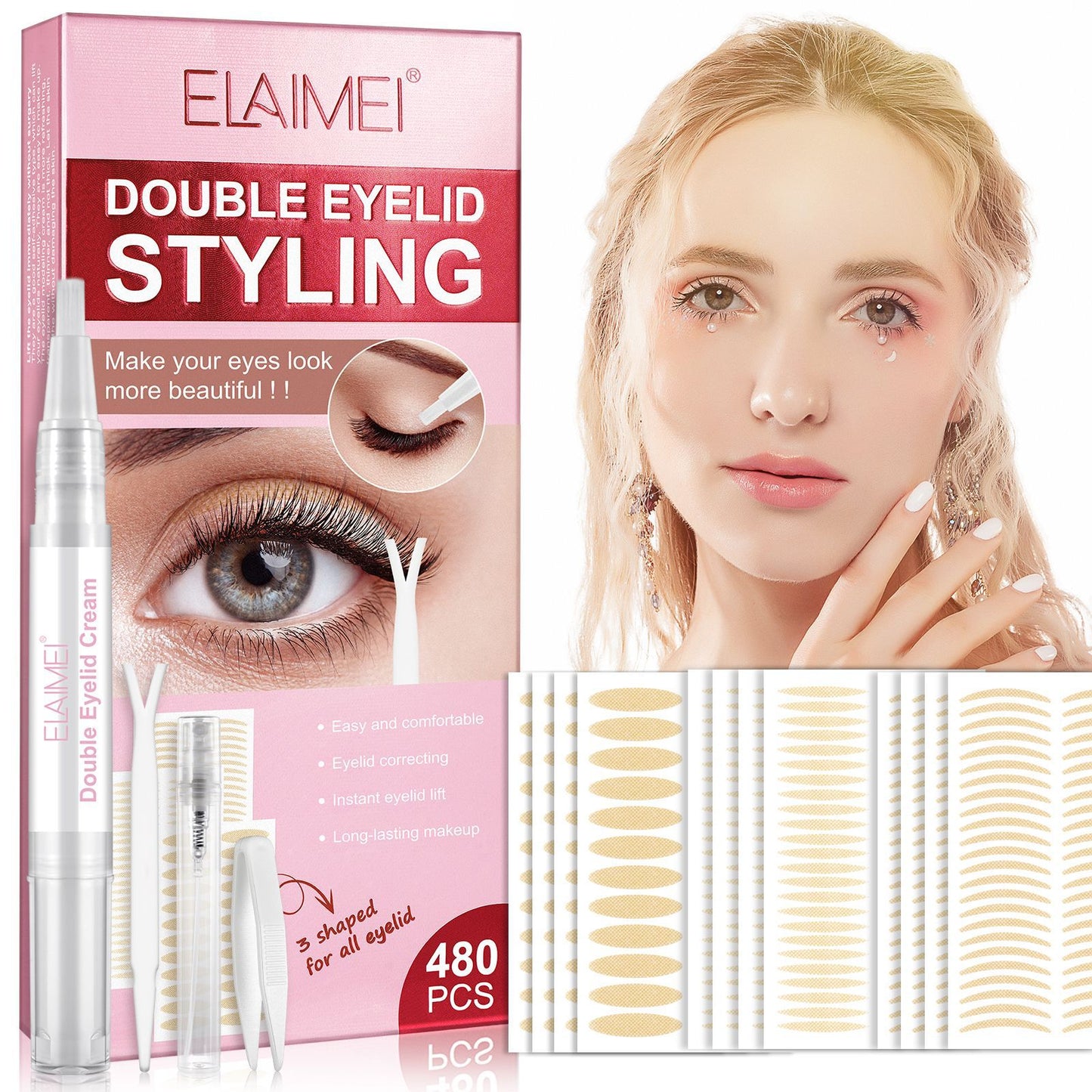 ELAIMEI double eyelid sticker sticks when it meets water 480 stickers no trace invisible long-lasting swollen eye bubble beauty sticker 3 shapes