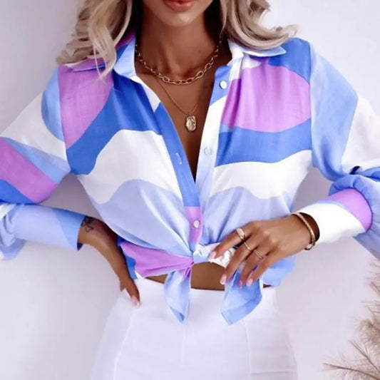 spring and summer women's fashion lapel button long-sleeved striped tie blouse