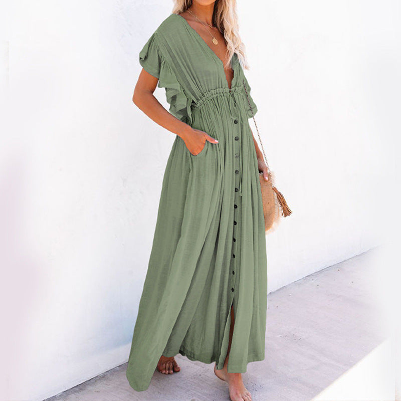 independent station new solid color beach cover-up long skirt sun protection shirt Hawaii seaside vacation